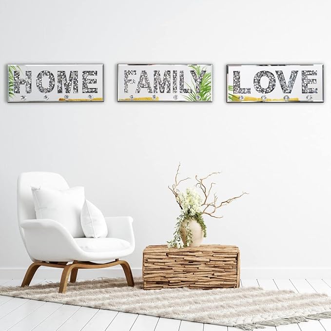 Crush Diamond Mirrored FAMILY Letter Plaque Sign for Wall Decor, Crystal Clear Hooks Key Holder Key Hanger, Silver Mirror Decoration Wall Art, Wall Mounted Home Decor 15"×5.9"×1.6"