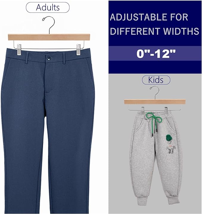 Amber Home 24 Pack Natural Wooden Pants Hangers with Clips, Wood Skirt Hangers Trouser Hangers for Jeans, Slacks, Shorts with 2-Adjustable Clips