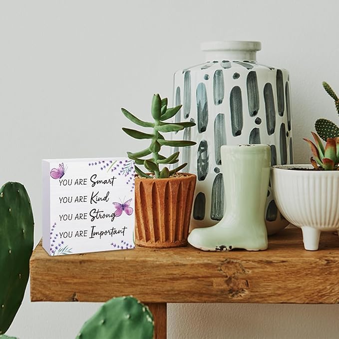 Purple Decor,Purple Butterfly Decorations,Inspirational Butterfly Decoration,Lavender Decor for Office Room Bathroom Living Room Home Nursery for Girls Teen Wooden Box 5 x 5 Inch