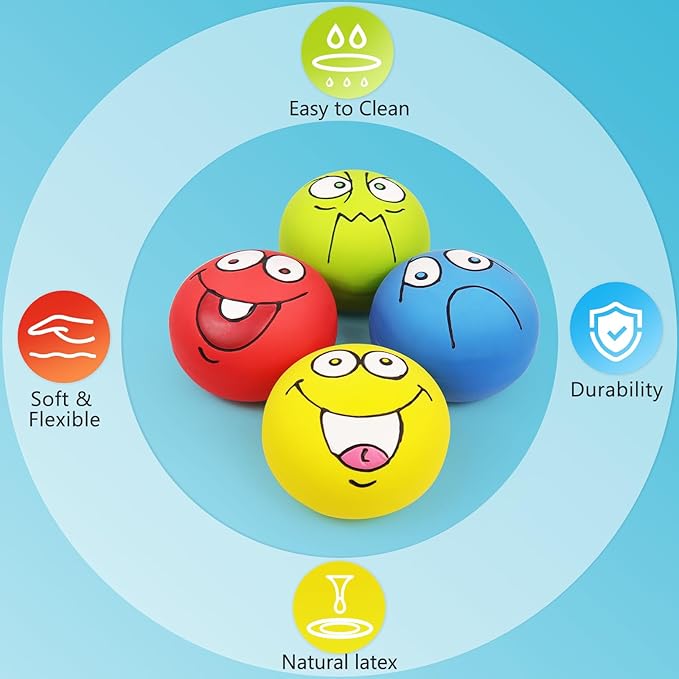 4 Pack 2.8" Smiley Face Squeaky Dog Toys Soft Dog Balls Latex Rubber Squeak Dog Toys for Small Medium Puppy Pet Dogs (Flat Ball)