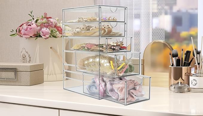 Plastic Drawer Storage with 5 Different Sizes Drawers, Clear Light Gray Hair Accessories Organizer, Transparent Dresser Bathroom Organizer