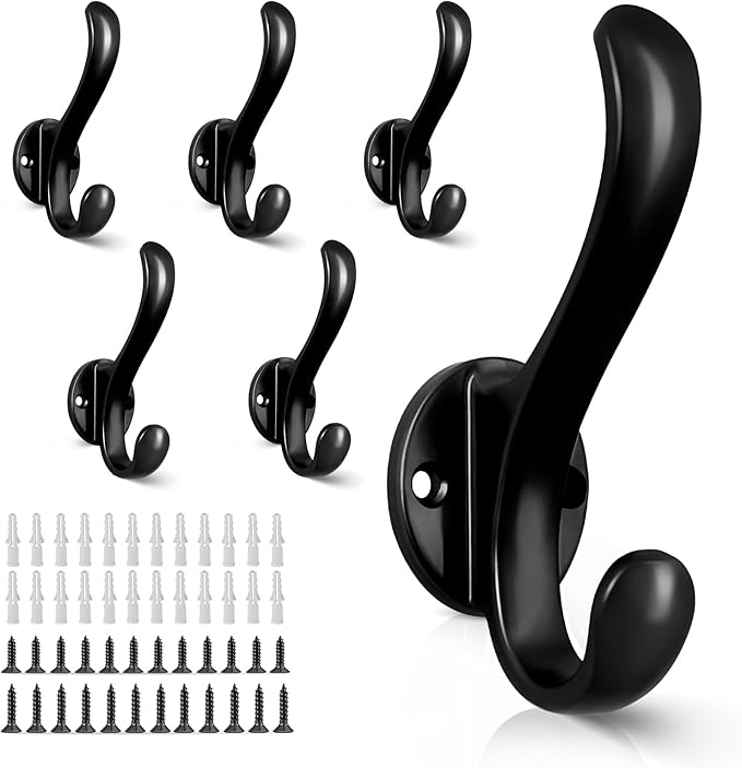 6 Pack Coat Hooks Wall Mount Heavy Duty Utility Retro Double Hooks for Hanging Coats,Hat, Towel, Key, Robe, Scarf, Bag, Cap (Black)