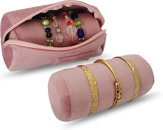 Velvet Bangle & Bracelet Organizers and Storage Small Jewelry Travel Organizer Roll, Compact Jewelry Case for Bangles, Bracelets, Watches(Pink)