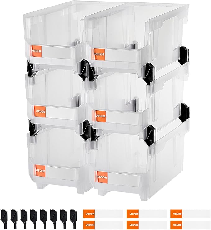VEVOR Plastic Stackable Storage Bins, 14.8 x 8.5 x 7.1 inch (6 Pack), Plastic Containers for Organizing & Storage Bins for Closet, Garage, Small Parts, Office Supplies, Other Accessories, Transparent