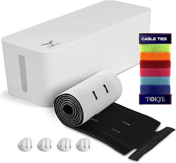 Large Cable Management Box, Cord Organizer to Hide Power Strip, Extension Cord, Surge Protector | Cord Hider Safe Box for Desk Organizers, Gaming PC, Computer, TV | White, Black Edition by Tokye®