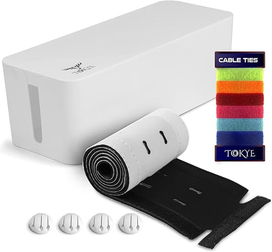 Large Cable Management Box, Cord Organizer to Hide Power Strip, Extension Cord, Surge Protector | Cord Hider Safe Box for Desk Organizers, Gaming PC, Computer, TV | White, Black Edition by Tokye®