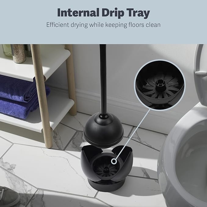 Casabella Toilet Plunger and Hideaway Caddy Combo for Bathrooms, 2-Piece Heavy-Duty Toilet Plunger and Holder Set, Black