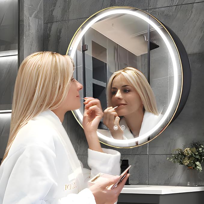 30 inch Round Medicine Cabinet with Lights,Led Medicine Cabinet with Defogger,Illuminated Mirror Cabinet for Bathroom,Dimmable,Defogger,3 Color Temperature 3000k-6500k Black