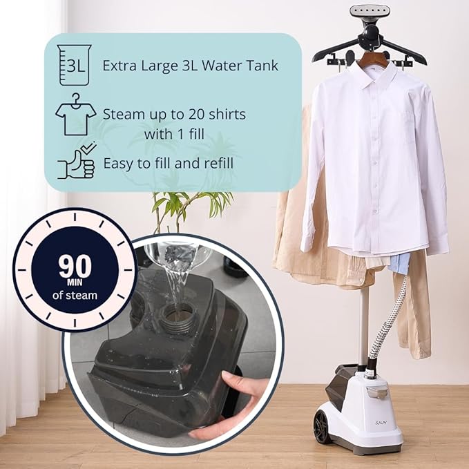SALAV Commercial-Grade Standing Garment Steamer for Clothes with Auto-Off Safety 1800W Powerful Steam X-Large 3L Water Tank, 90-Min Continuous Use, Pedal-Control System, Beeps when Out of Water, White