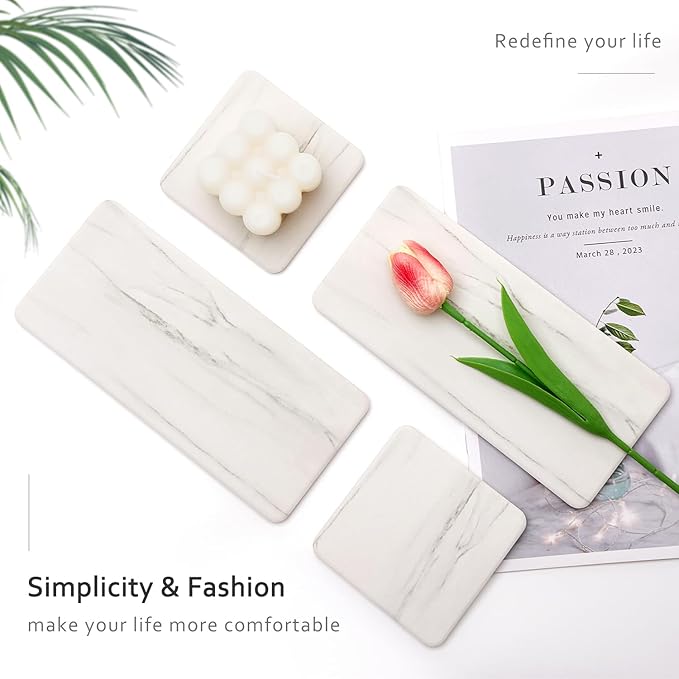 Set of 4 Water Absorbing Stone Drying Tray for Bathroom Sink Kitchen Hand Soap Coaster Diatomite Toothbrush Holder Quick Dry Marble Bathroom Vanity Trays Diatomaceous Earth Dish Kitchen Counter Tray