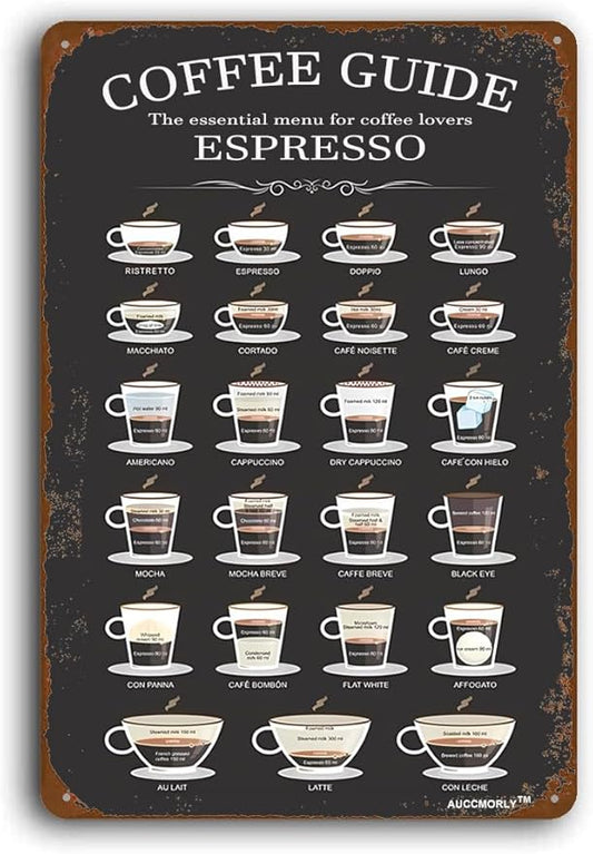 Aluminum Coffee Guide Sign, Metal Sign Coffee Lover Gift Kitchen Living Room Art Decor 8"x12"