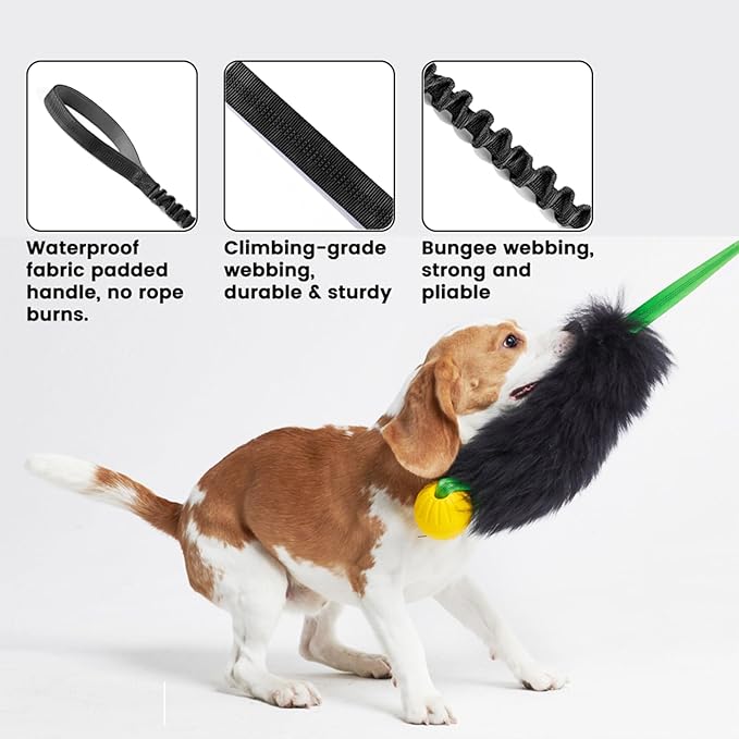 HOWGO Dog Rope,Dog Bungee Chaser 100% Sheepskin,Sheep Smell Tug for All Breeds(Black, Long Without Ball 2Pack)