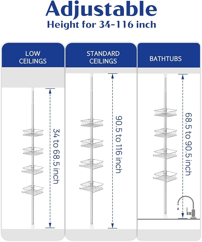 SEIRIONE Rustproof Shower Caddy Corner and Shower Organizer Corner for Bathroom,Corner Shower Caddy Tension Pole with 4 Adjustable Baskets for Shower Accessories, 34 to 116 Inch Height, Silver