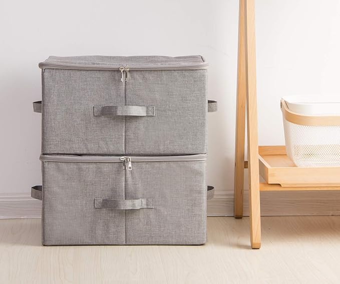 Pack of 3, 17.7 * 13.8 * 9.8" Stackable Folding Storage Baskets with Lid & Carry Handles & Memo Pocket, Good Wardrobe Separator Bins, Dark Gray