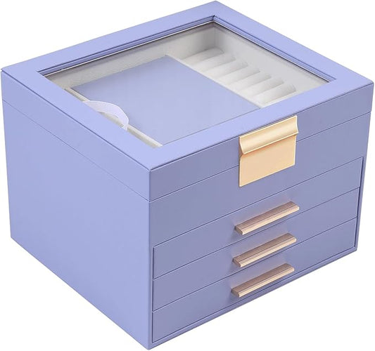 BOOVO Clear Lid Jewelry Box,4 Layers Jewelry Organizer Large Jewelry Storage Box with 3 Drawers,Jewelry Holder Organzier of Rings Earrings Necklace Bracelets for Women (Purple, 4 Layer)