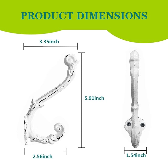 4 Pack Cast Iron Wall Hooks Antique Vintage Rustic Farmhouse Coat Hooks, Great for Coats, Bags, Towels, Hats, Mounting Screws Included