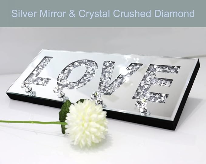 Crystal Mirrored Love Letter Plaque Sign Key Holder, Silver Mirror Decoration, Wall Mounted Home Decor, 15"5.9"1.6"