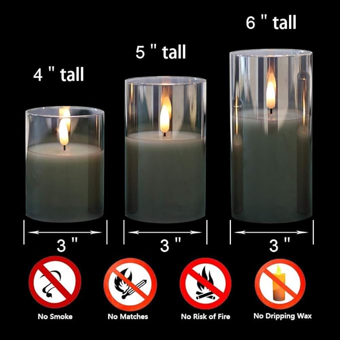 GenSwin Glass Flameless Candles with Remote Battery Operated Flickering LED Pillar Candles Real Wax 3D Wick for Wedding Festival Home Decoration(Gray,Pack of 3)