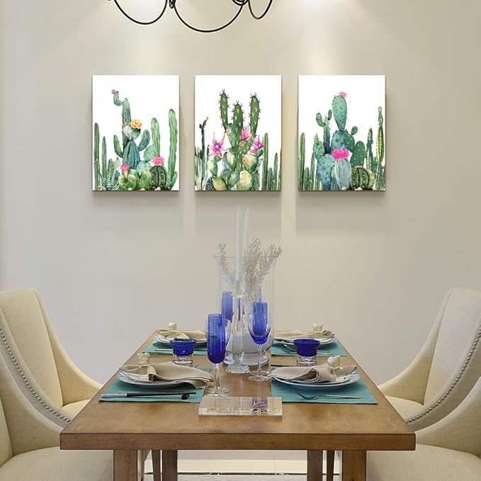 Canvas Wall Art for living room bathroom Wall Decor for bedroom kitchen artwork Canvas Prints green watercolor cactus painting 3Pieces abstract Modern framed office Home decorations family picture