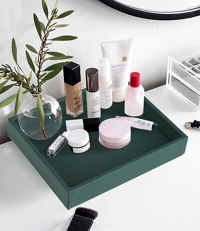 HofferRuffer Faux Leather Decorative Tray, Elegant Desktop Storage Organizer, Decorative Catchall Perfume Tray, Nightstand or Dresser Vanity Tray Organizer, 10.2 x 8.4 x 1.8 inches (Dark Green)
