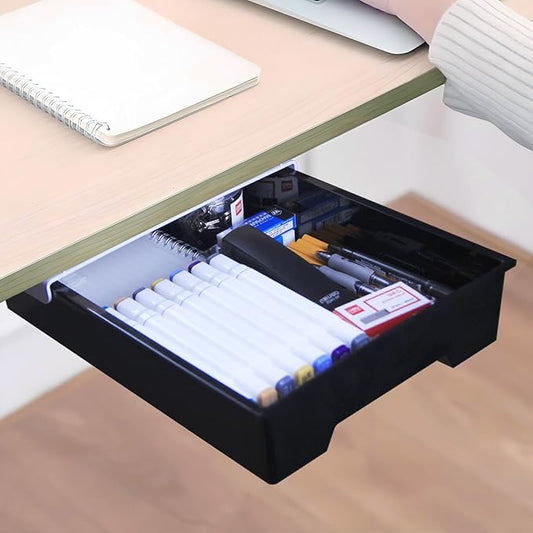 Under Desk Drawer Organizer, Attachable Slide Out Storage Drawers, Hidden Desktop Organizers, Self-Adhesive Table Storage Accessories for Home Office and School (Black)