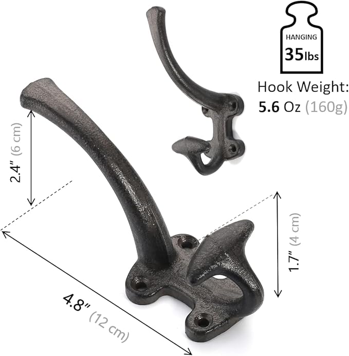 Ambipolar 5-Pack Decorative Cast Iron Heavy Duty Double Wall Hooks, Vintage Hooks in Antique Black Coat Hooks Wall Mounted for Mudroom, Hat Rack