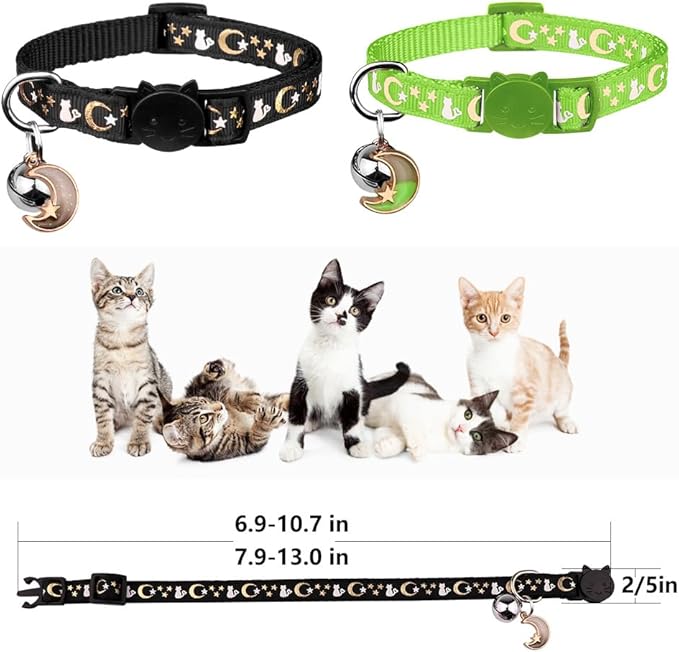 2PCS Breakaway Cat Collars with Bell Cute Kitty Glow in The Dark Adjustable Kitten Collars 6.9-10.7 Inch(Green&Black)