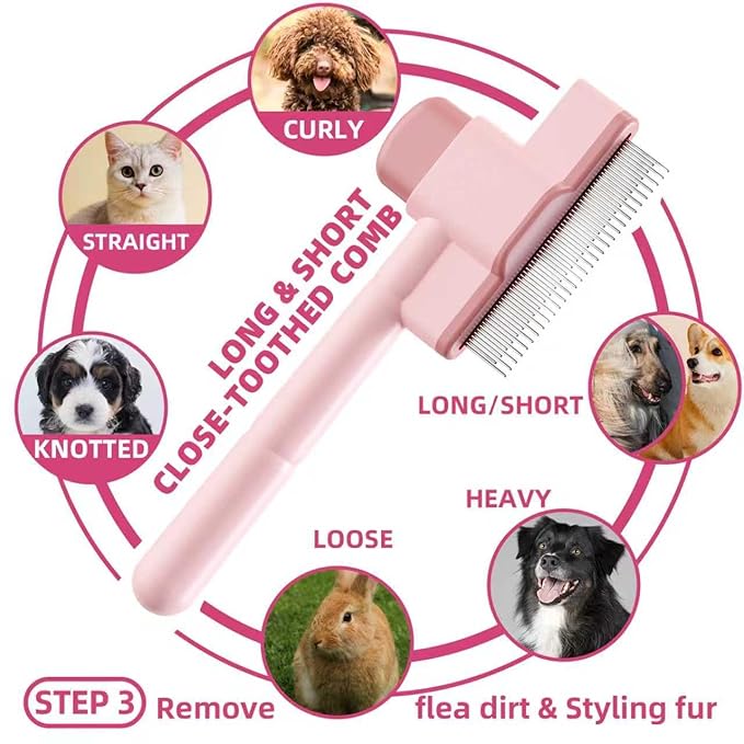 Pet Grooming Kit - 7 PCS Deshedding Brush Set with Slicker, Undercoat Rake, Bath Brush & Nail Clipper for Short & Long Haired Dogs, Cats (Pink)