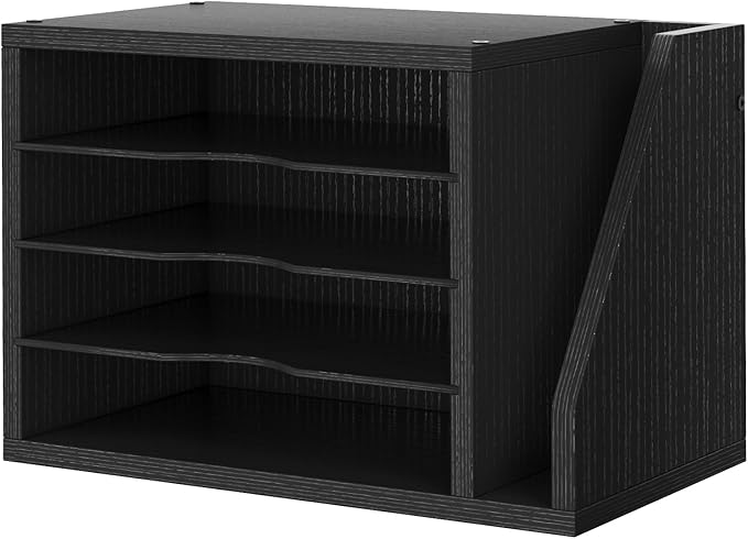 File Organizer Desktop, Wood Desk Organizer with 3 Adjustable Shelves, Mail Paper Sorter for Office, Home, File Holders for Envelopes, Mail Supplies or Magazines, Black