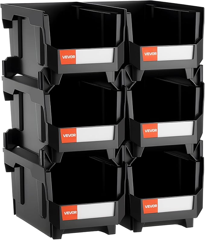 VEVOR Plastic Stackable Storage Bins, 14.8 x 8.5 x 7.1 inch (6 Pack), Plastic Containers for Organizing and Storage Bins for Closet, Garage, Small Parts, Office Supplies and Other Accessories, Black