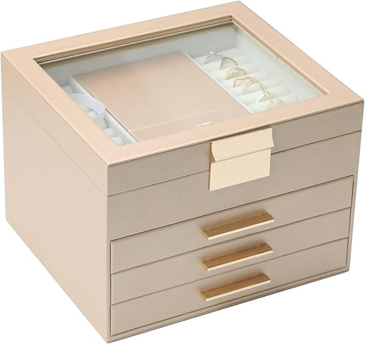 BOOVO Clear Lid Jewelry Box,4 Layers Jewelry Organizer Large Jewelry Storage Box with 3 Drawers,Jewelry Holder Organzier of Rings Earrings Necklace Bracelets for Women (Champagne, 4 Layer)