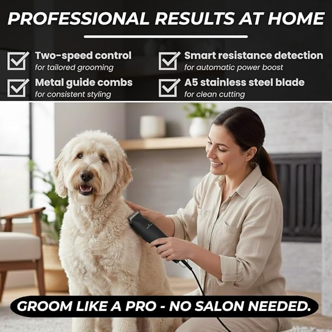 Professional Dog Clippers for Grooming | High-Performance 2-Speed Corded Shears for Thick, Curly Coats & Matted Hair | Low-Noise Pet Grooming Kit with Heavy Duty Hair Trimmer, Black