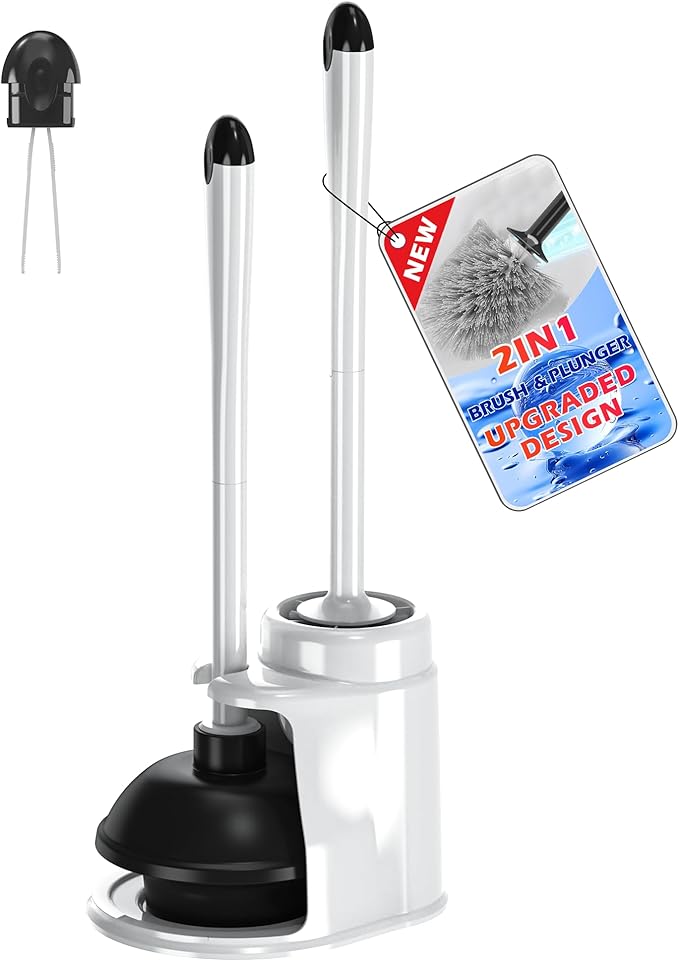 NEWE Toilet Brush and Plunger Set, 2 in 1 Toilet Plunger Heavy Duty, Toilet Brush and Holder with Hidden Tweezers, Toilet Bowl Brush for Bathroom Toilet