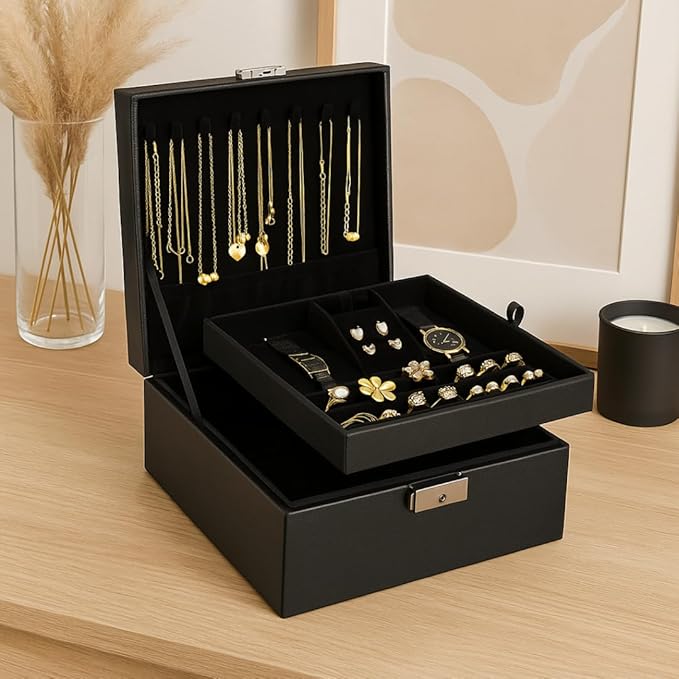 2 Layer Jewelry Box, Jewelry Organizer For Woman, Men & Girls Large Case 8.5x7.5x3.3in | PU Leather Jewelry Gift Storage Boxes For Ring, Necklace & Bracelet With Lock (Black)