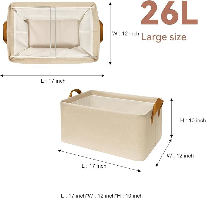 SNWDN 4 Pack Closet Cloth Storage Bins for Shelves,Large Storage Baskets for Shelves, Fabric Bins for Closet organization with Handles（ Beige 17''L x 12''W x 10''H）