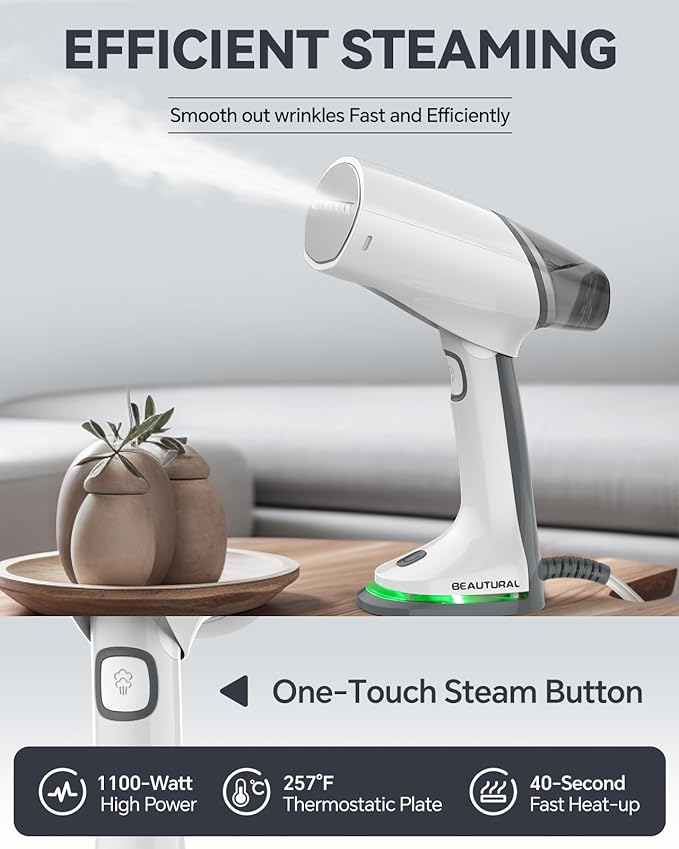 BEAUTURAL Travel Steamer for Clothes Portable Mini with Dual Voltage, Foldable Handheld Garment Fabric Wrinkle Remover, 100-220V Steam Iron for Worldwide Use Such as Europe, 1.6 Pounds