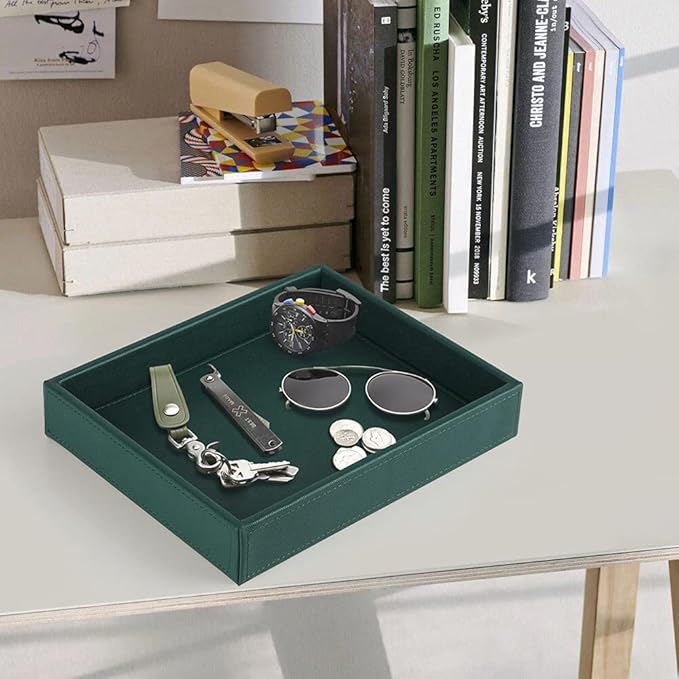 HofferRuffer Faux Leather Decorative Tray, Elegant Desktop Storage Organizer, Decorative Catchall Perfume Tray, Nightstand or Dresser Vanity Tray Organizer, 10.2 x 8.4 x 1.8 inches (Dark Green)