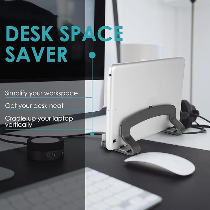 Aluminum Vertical Laptop Stand, MacBook Pro Laptop Vertical Stand Dock Holder with Adjustable Slot Fits All Laptops Notebook Tablets MacBook Air- Save Space & Improve Airflow, Grey