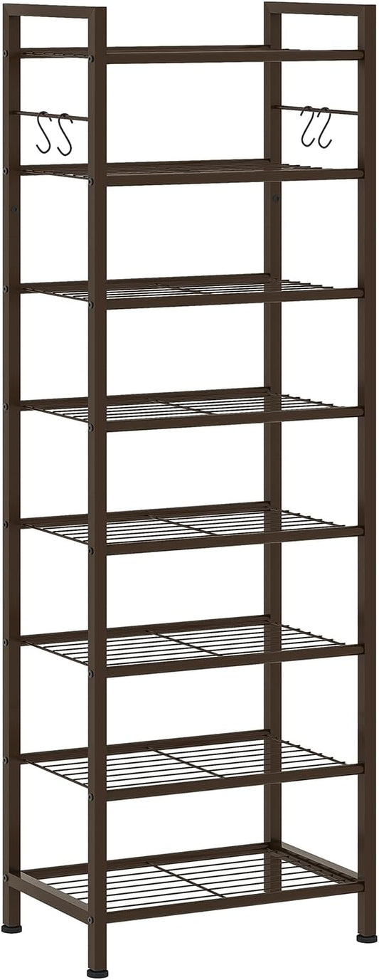 usikey 8 Tiers Narrow Shoe Rack 16-24 Pairs, Sturdy Metal Tall Shoe Rack with 4 Hooks, Slim Shoe Storage Organizer with Metal Shelf, Space Saving Vertical Shoe Shelf for Entryway, Closets, Bronze