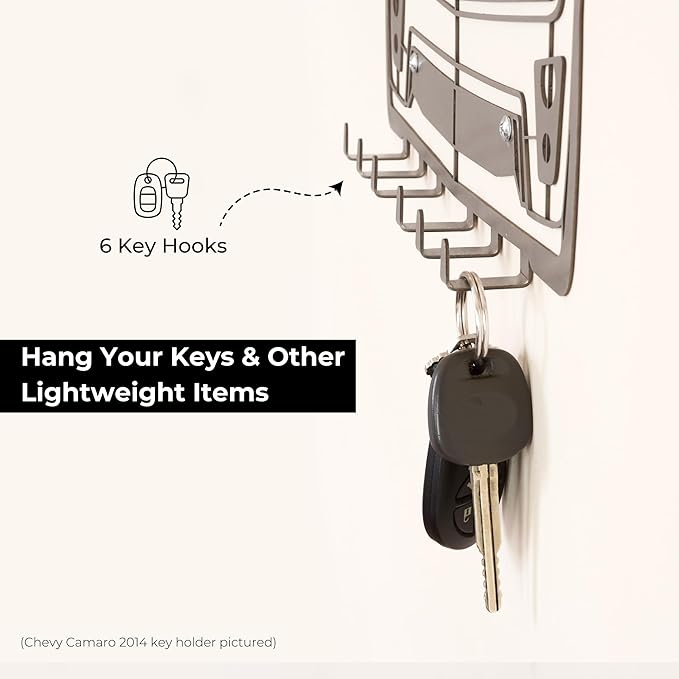 MOOH Car Key Holder for Wall - Metal Automotive Key Holder with 6 Hooks - Unique Car Gift for Men, Women, Car Lovers & Enthusiasts - Cool Man Cave Decor (Chevy Camaro 2014, Stainless Steel)