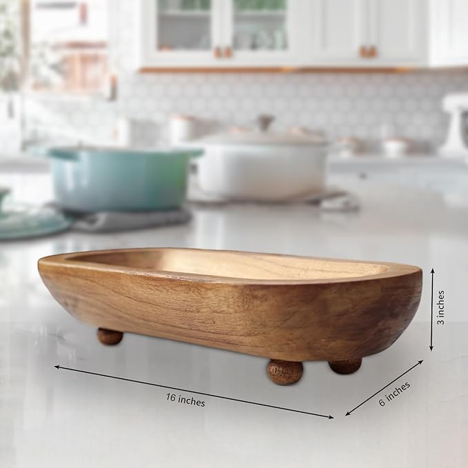 Rustic Handcrafted Wooden Dough Bowl for Decor - Wooden Bowls Decorative, Organic Modern Style, Decor Bowl, Centerpiece Bowl Four Legged Base Artisan Crafted Dough Bowl for Stylish Home Kitchen Decor