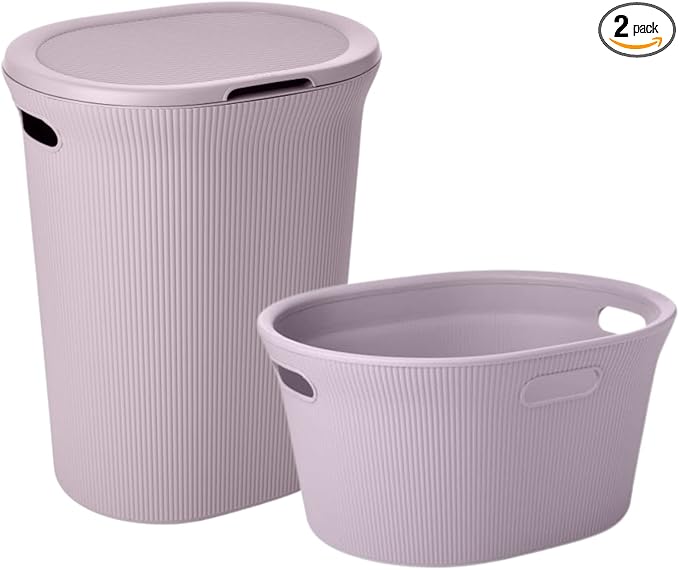 Superio Ribbed Collection - Decorative Plastic Laundry Basket & Laundry Hamper with Lid and Cut-Out Handles, Lilac (Set of 2) Organzier for Bedroom Bathroom College Dorm Room