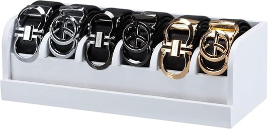 MinBoo Bamboo Belt Rack, 6-Compartment Belt Organizer and Displayer for Closet and Drawer, Men and Women (White)