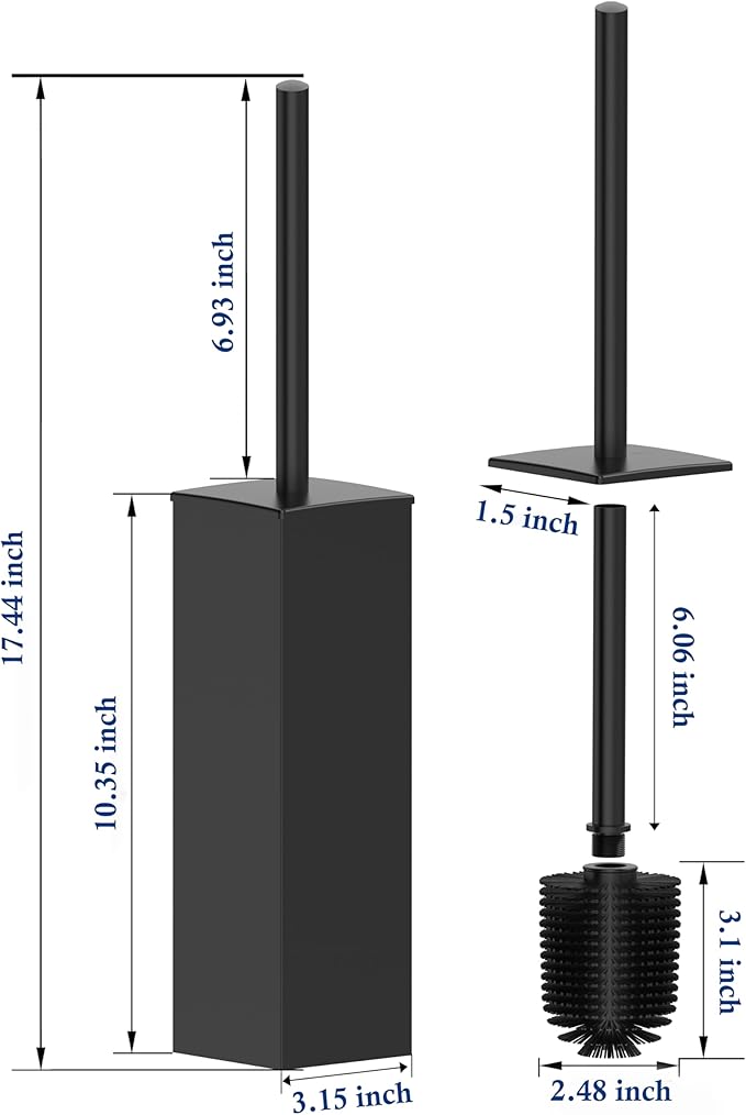 RUACQ Toilet Brush and Holder Set 2pcs,Square Toilet Bowl Brush for Bathroom with 304 Stainless Steel Handle Toilet Cleaner Brush with Durable Scrubbing Bristles,Splash-Proof (Matte Black)