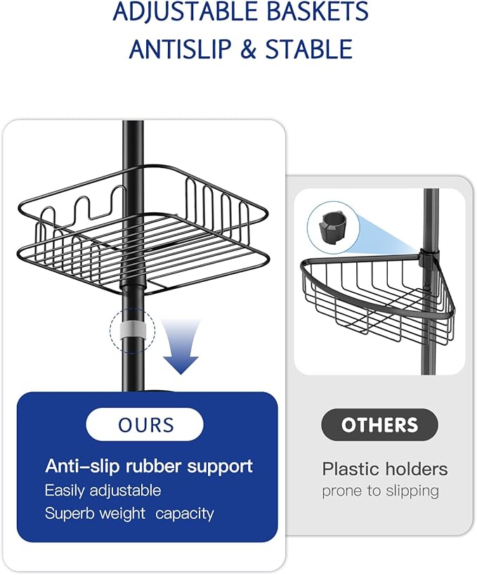 SEIRIONE Rustproof Shower Caddy and Organizer Corner for Bathroom, Tension Pole With 4 Adjustable Baskets for Shower Accessories, 34 to 116 Inch Height, Black