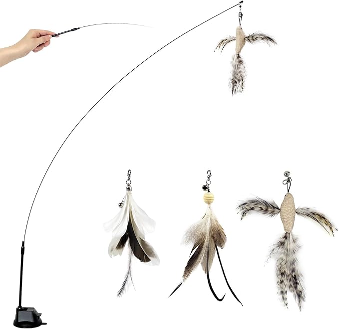 TTcat Cat Wand Toys with Suction Cup, Interactive Bird Simulation Cat Toy Set,Cat Teaser Cat Toys,Flexible Steel Wire and 3Pcs Replacement Feather Refills with Bells.