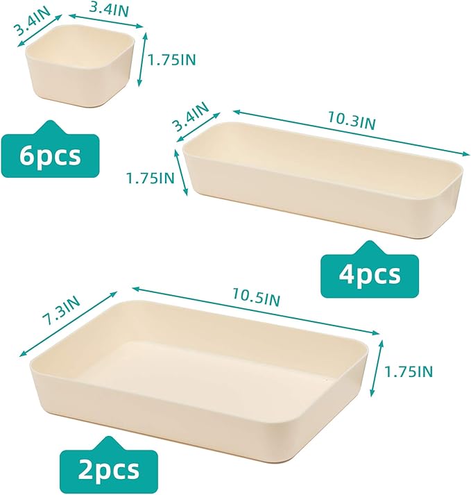 Backerysupply Set Of 12 Beige Color Plastic Desk Drawer Organizers For Makeup Bathroom Office Kitchen Vanity Drawer Storage Box Container