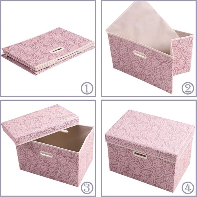 PRANDOM Large Foldable Storage Boxes with Lids [5-Pack] Fabric Decorative Storage Bin Cubes Organizer Containers Baskets with Cover Handles for Bedroom Closet Nursery Pink 17.7x11.8x11.8 Inch