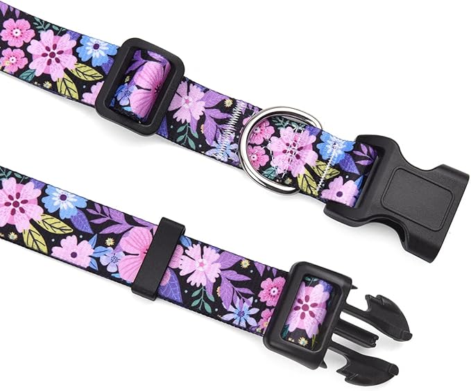 Dog Collar and Leash Set with Bohemia Floral Tribal Geometric Patterns - Soft Ethnic Style Collar Adjustable for Small Medium Large Dogs(Pink Floral Set,L)
