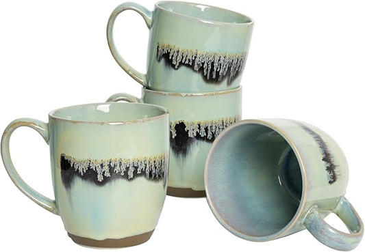 Bosmarlin Ceramic Coffee Mug Set of 4, 17 Oz, Coffee Cups with Big Handle, Microwave Safe, Unique Reactive Glaze (17 Oz, Turquoise Green Light)